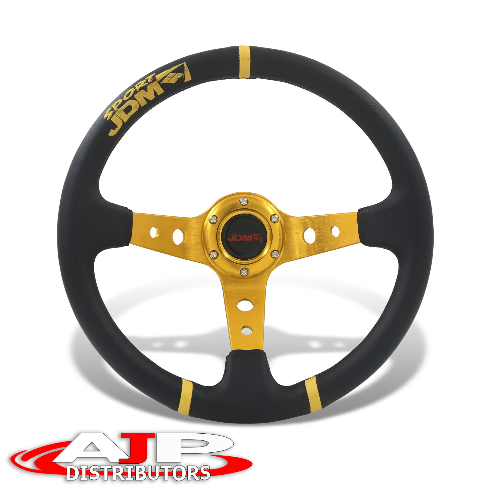 Black Spoke/Yellow Stripe Aluminum Frame Vinyl Leather Cover 350mm 6-Bolt Steering wheels Horn Button 