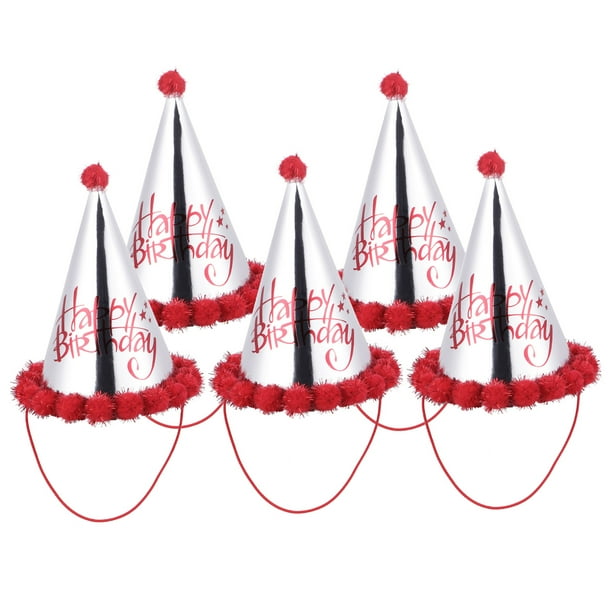KAKOWELY 5 gorros con pompones en forma de cono rojo, papel brillante, diseño de letras de cumpleaños, decoraciones para fiestas de cumpleaños.