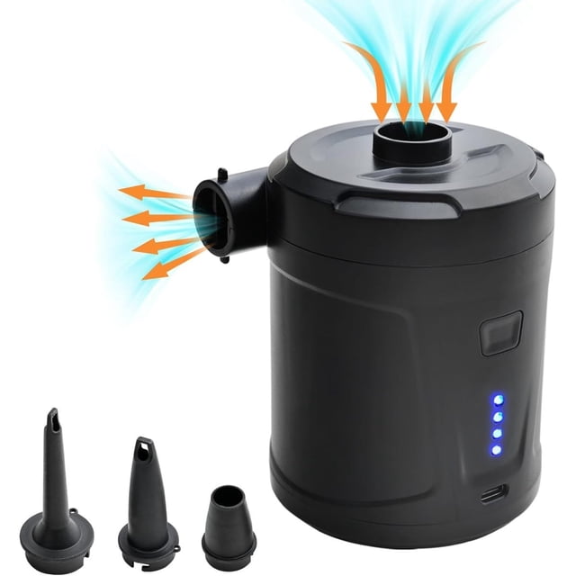 Bomba de aire portátil con batería de 5200 mAh, inflador de llenado rápido recargable por USB, desinflador de colchones de aire, barcos, 3 boquillas (ciclindro)