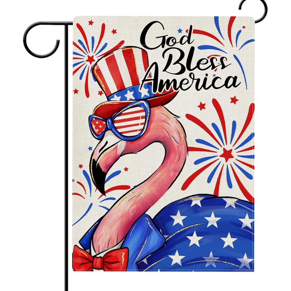 Patriotic Flamingo Garden Flag, Double Sided Outdoor Yard Decoration with Fireworks and Stars, Small House Decor, 12 x 18 Inches