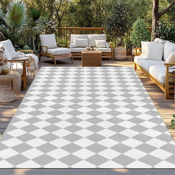 Outdoor Rug, Abstract Gray White Plaid Indoor Area Rug Outdoor Carpet RV Camping Rugs 3x5ft Modern Geometric Diamond Outside Mat for Patio Picnic Porch Deck Balcony Backyard