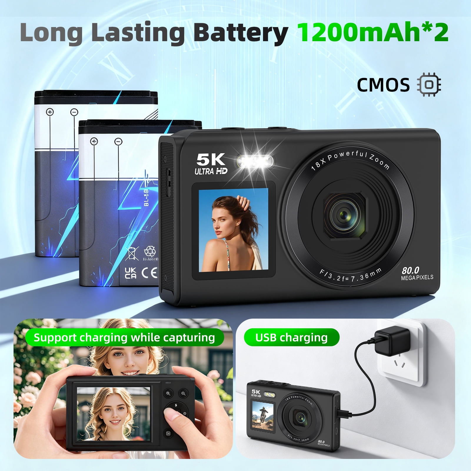 Digital Camera 5K 80MP 18X Zoom with Dual Screen Vlogging Camera, Autofocus WiFi Compact Camcorder Face Detection Beauty Mode for YouTube TikTok Content Creator 64GB Card & 2 Batteries Black