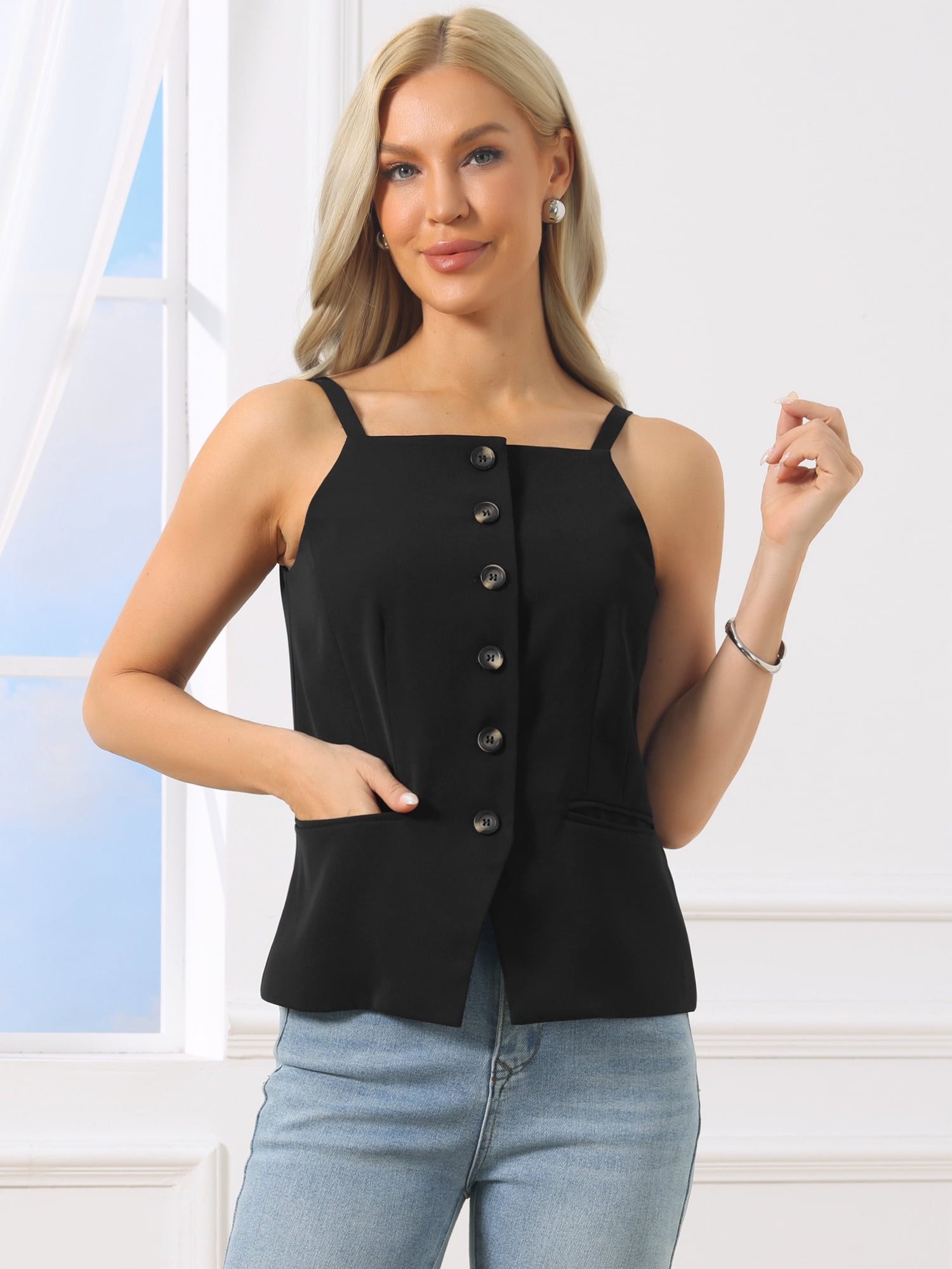 DARING DIVA Women's Sleeveless Suit Button Down Square Neck Vest L Black