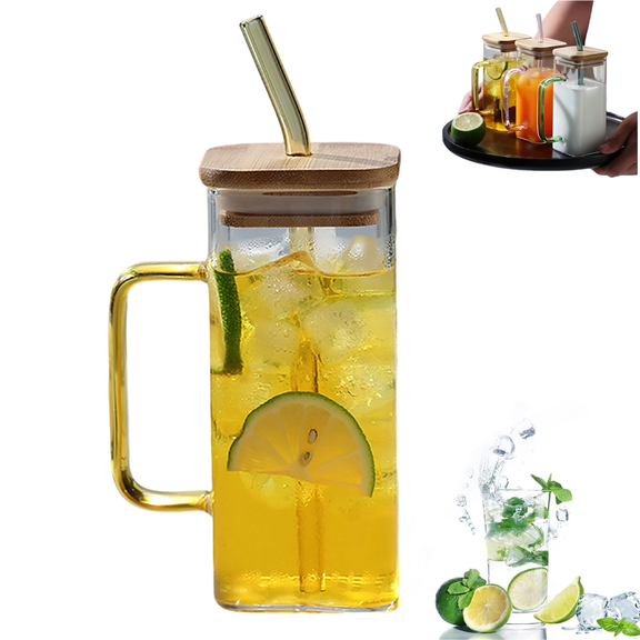 Bxaolu 13.5oz Glass Cups with Lids and Straws,Glass Tumbler with Handle – Reusable Glass Ice Coffee Cups for Smoothies,Tea,Juice,Boba Cup for Cold & Hot Drinks,Travel Cup
