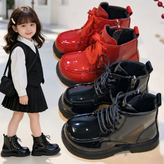 Girls Ankle Boots Kids Combat Boots Glossy Patent Bootie Lace Up Side Zipper Water Resistant Easy Clean for Fall Winter Daily Party Wear