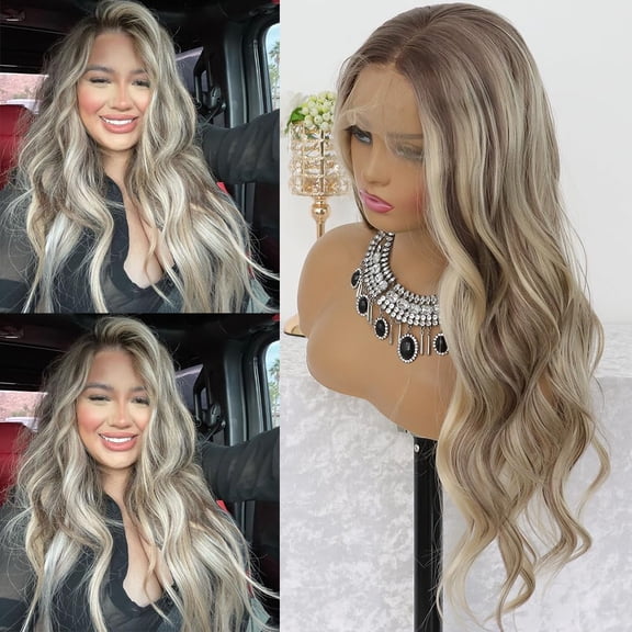 Highlight Ash Blonde Lace Front Wig Pre Plucked Glueless Long Wavy Brown Light Blonde Ombre 13x4 Synthetic Lace Front Wigs for Women 24 Inches