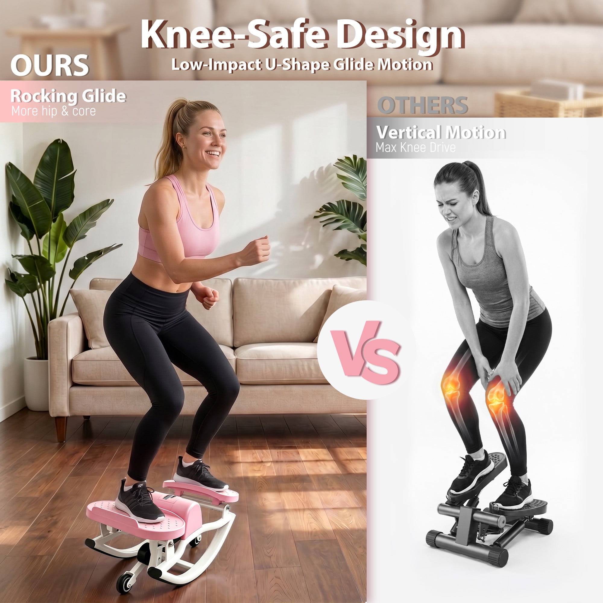 Leumius Rock Stepper for Exercise,Side-to-Side Stepper Machine with Resistance Bands & Digital Display,Foldable Mini Stepper for Home Workout,Pink