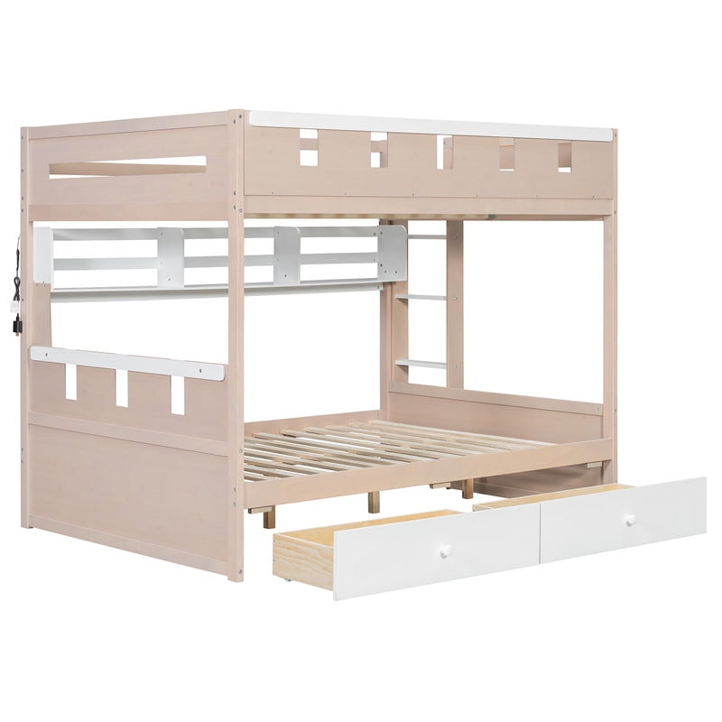 Full Size Castle-Designed Kids's Bunk Bed with Built-in Ladder & LED Strip, Storage Wooden Bed Frame with 2 Drawers & Shelves