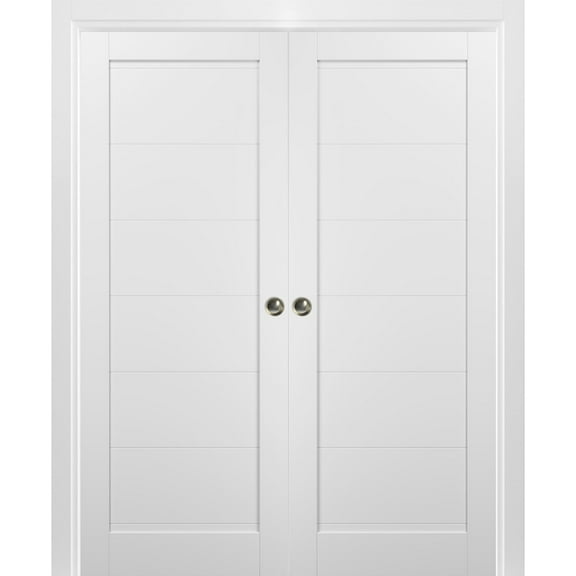 French Double Pocket Doors 48 x 80 with Frames | Quadro 4115 White Silk | Kit Trims Rail Hardware | Solid Wood Interior Pantry Kitchen Bedroom Sliding Closet Sturdy Door