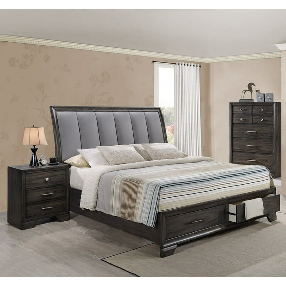 3Pc Platform Storage Queen Bed Chest Nightstand Solid Wood Bedroom Furniture Set Dark Gray Finish