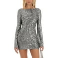 thumbnail image 2 of Women Spring Fall Party Mini Bodycon Dress Sequins Long Sleeve Tie-Up Backless Short Dress for Cocktail Club Streetwear, 2 of 6