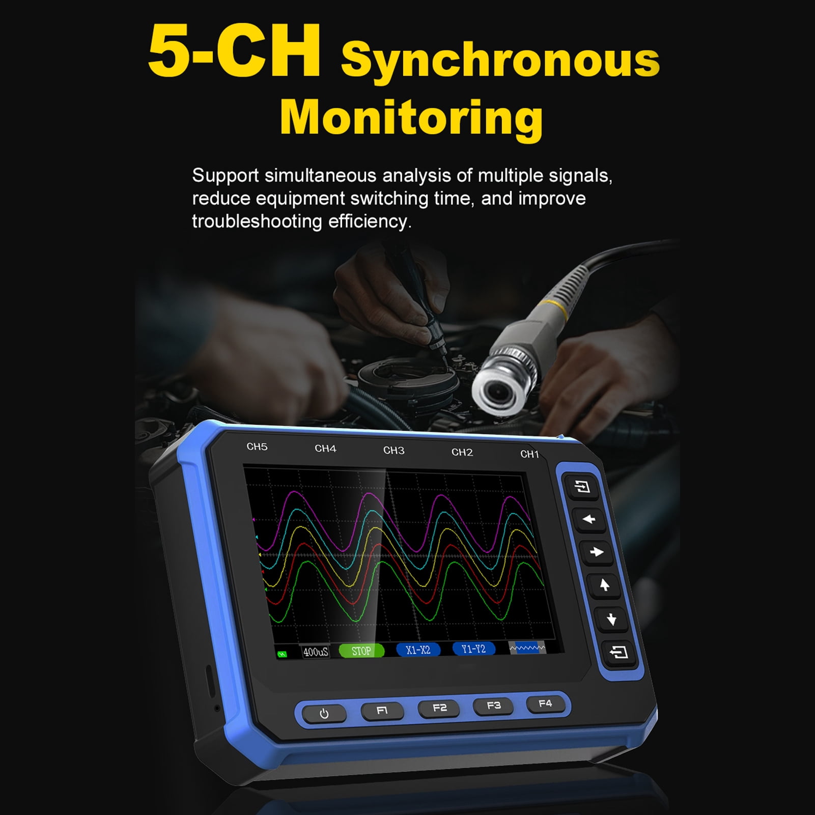 Power Tools Frequency 5 Channel Handheld Oscillometer Digital Portable Scope with 2.8 Inch Display 1MHz Bandwidth 3MHz Sampling Rate for Low Frequency Signals Auto Normal Single Detection