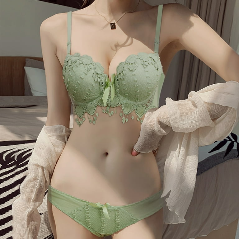 Sexy Lace Bra Set Underwear Glossy Solid Fruit Green Color Lace Push Up Bra  and Panty
