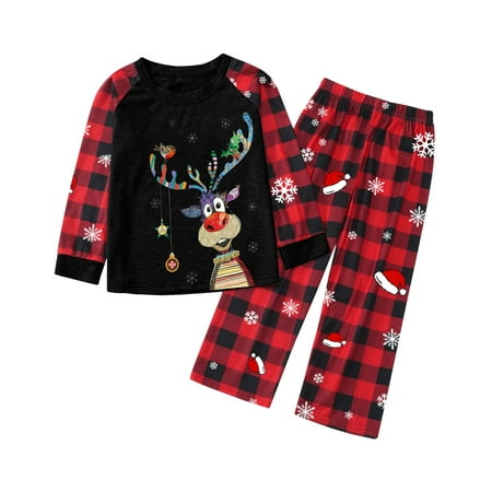 

ZMHEGW Childrens Pajamas Set Kid Sleepwear For Christmas Cute Big Headed Deer Print Pjs Plaid Long Sleeve Tops And Pants Soft Casusal Holiday Sleepwear Family Matching Outfits 160 For Kids