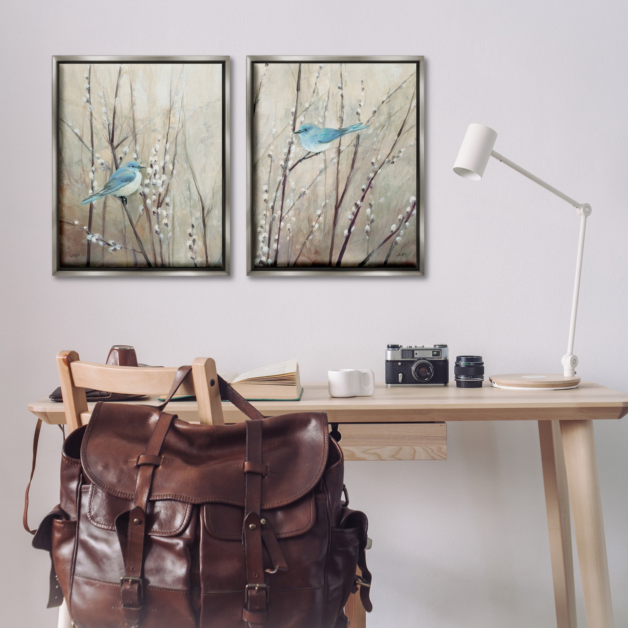 Stupell Industries Peaceful Perched Blue Birds Animals & Insects Painting Gray Floater Framed Canvas Art Print Wall Art, 25 x 31, Set of 2