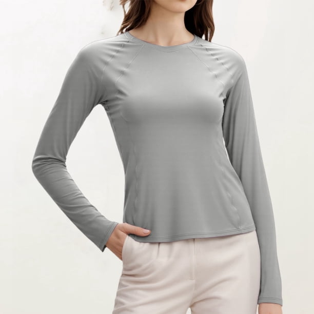 MHFRRA Camiseta de Yoga de Manga Larga Transpirable y Protectora para Mujer, Ideal para Correr y Hacer deporte. Gris
