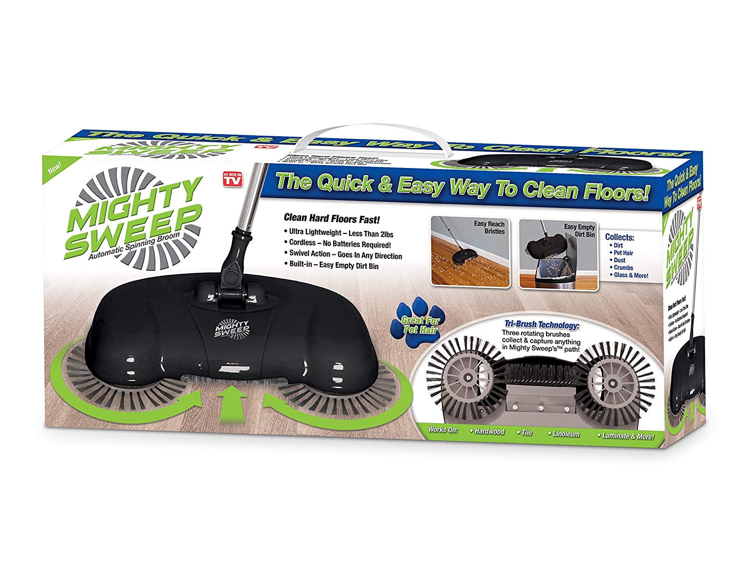 Mighty Sweep Automatic Cordless Push Sweeper Broom With Dustpan Trash