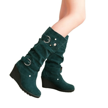 

Women s Autumn and Winter Mid Rise Boots Classic Solid Color Round Head Women s Boots Fashion High Slope Heel Suede Mid Rise Boots