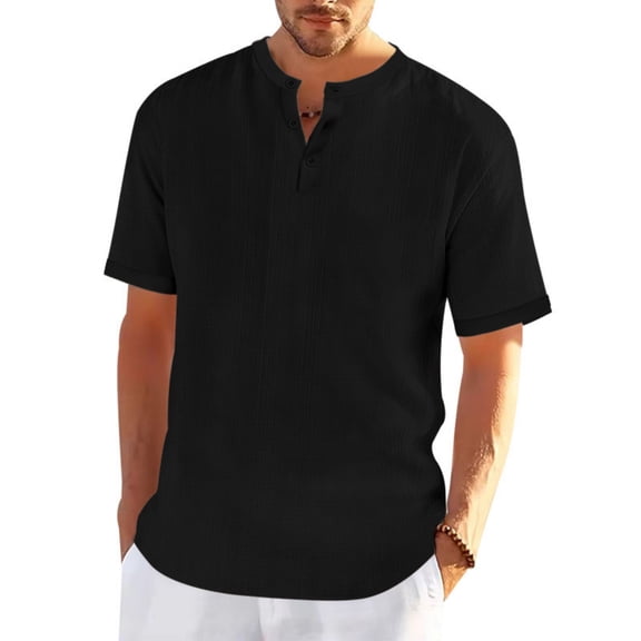 Men's Solid Color V-Neck Button-Up Casual Shirt, Loose Fit and Breathable Fashion Top