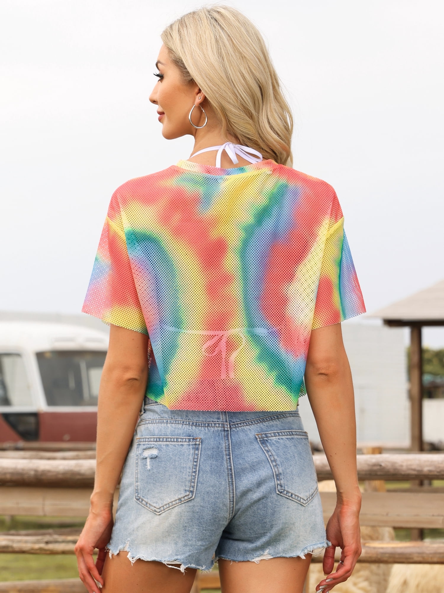 DARING DIVA Women's Mesh Fishnet Top Short Sleeve See Through Cover Up XL Rainbow