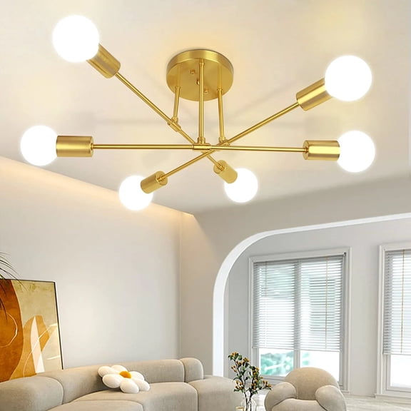 Senhu Sputnik Chandelier Light Fixture 6-Lights Gold Sputnik Ceiling Light Fixture, Mid Century Style, for Bedroom Kitchen Dining Room, Semi Flush Mount, E26 Base, Bulbs No Included