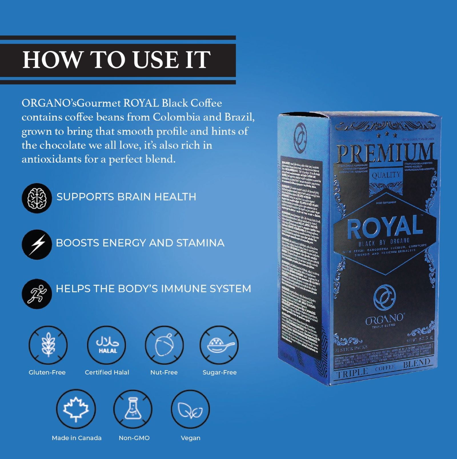 ORGANO Royal Black Medium Dark Roast Instant coffee. Infused with Triple Mushroom Blend, Ganoderma, Cordyceps and Lion's Mane. Aromatic and flavorful Ground Coffee Beans (25 Sachets) - 3 Pack