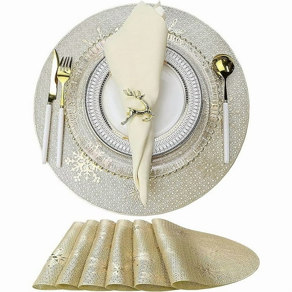 Christmas Round Gold Placemats of 6 for Dining Table Mats Set Wipeable Snowflake Placemats for Kitchen Table Plastic Soft PVC Place Mats Durable Heat Resistant Non-Slip Washable Table Mats