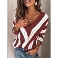thumbnail image 1 of Suéteres de punto a rayas con cuello en V para mujer, suéter de punto a rayas informal con cuello en V profundo y manga sexy, 1 of 5