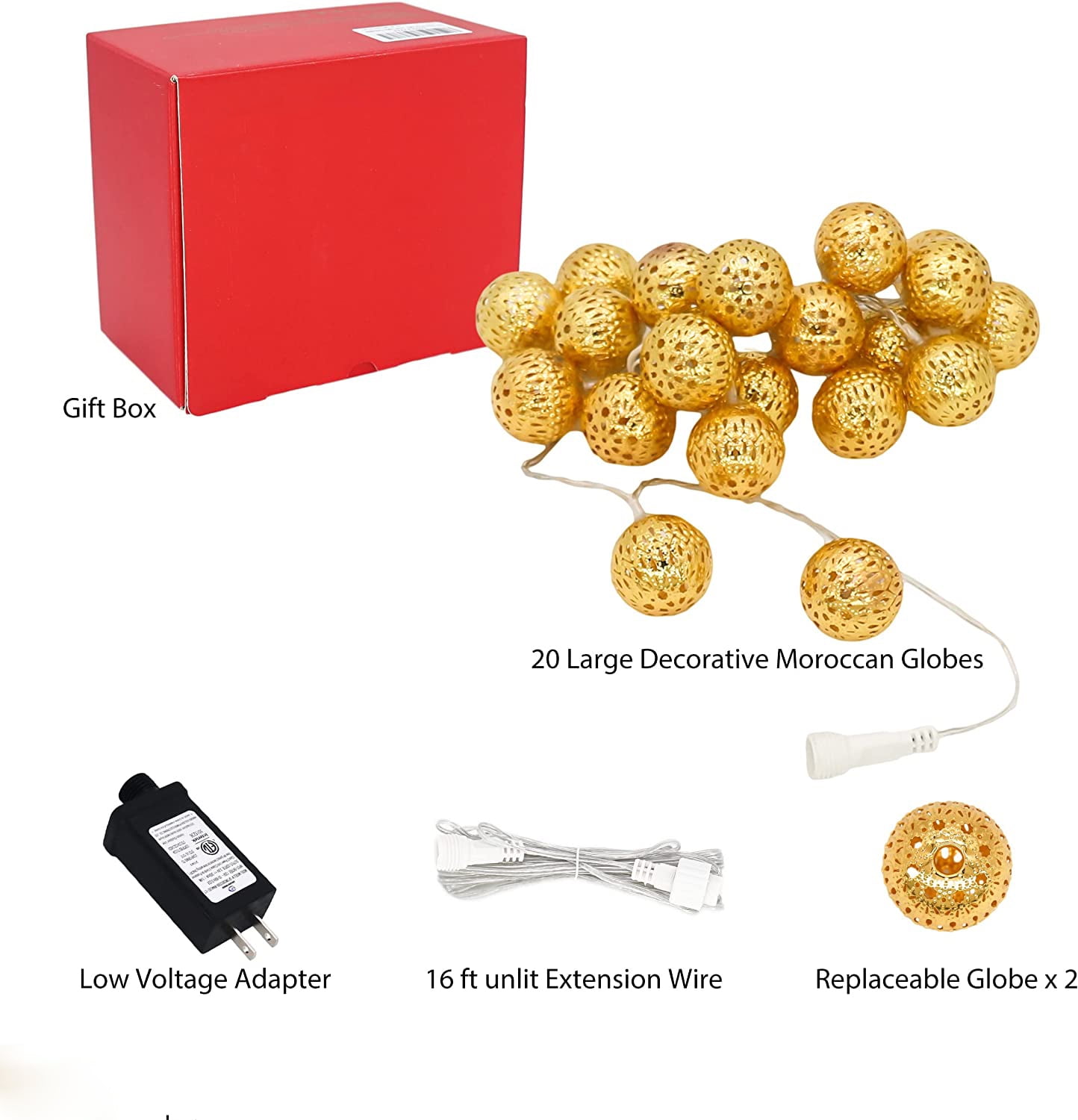 Moroccan String Lights Gold Plug in 20 LED Globe String Lights for Wedding Party, Home Decor, Classroom, Birthday, Christmas, Indoor Outdoor, Metal Orbs, 8 Functions, Timer, Connectable, 10 ft
