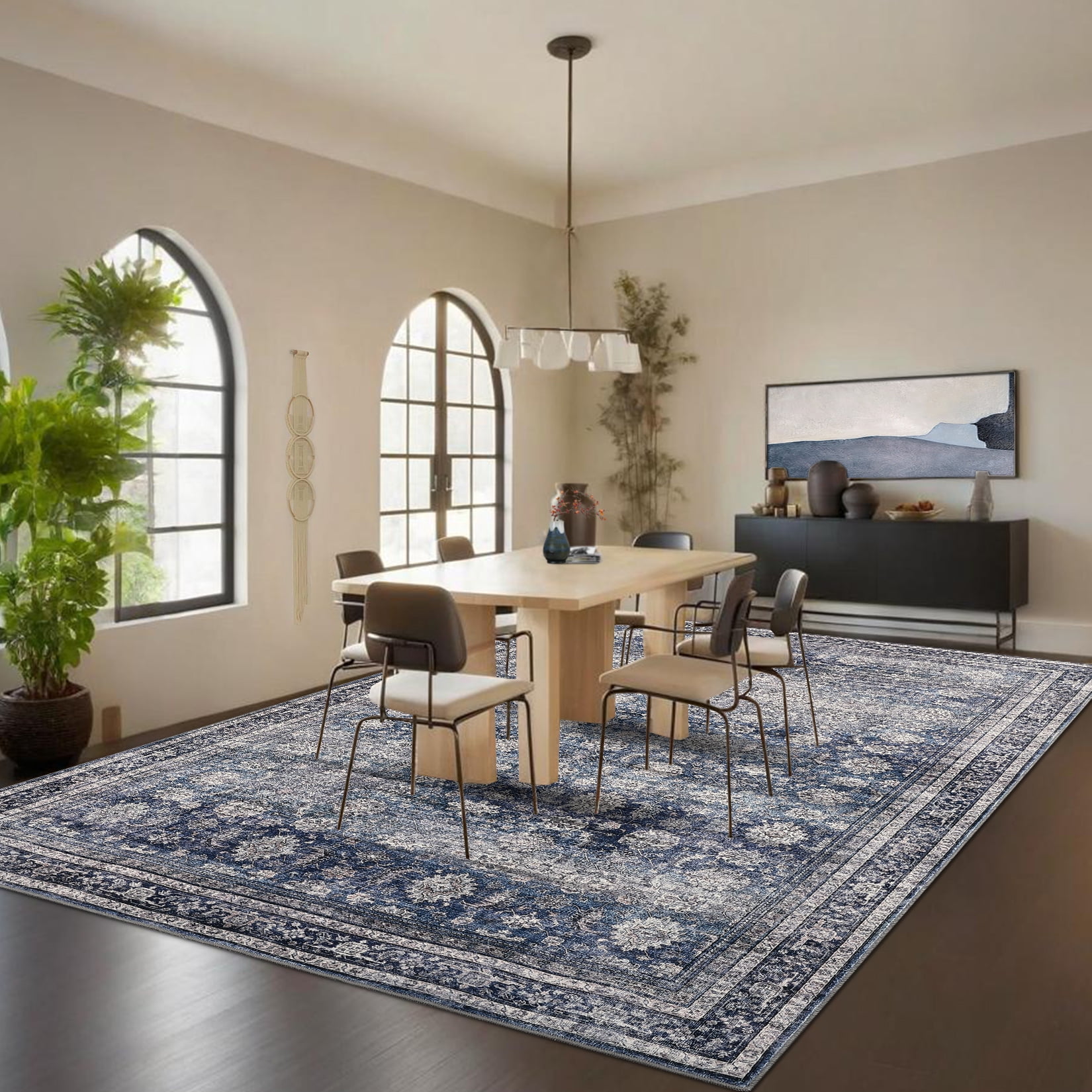 Haperlare 10x13 Vintage Printed Area Rugs Washable Accent Rugs, Non Slip Stain-Resistant Oriental Floor Carpet Farmhouse Low Pile Rugs for Living Room Bedroom Office, Blue