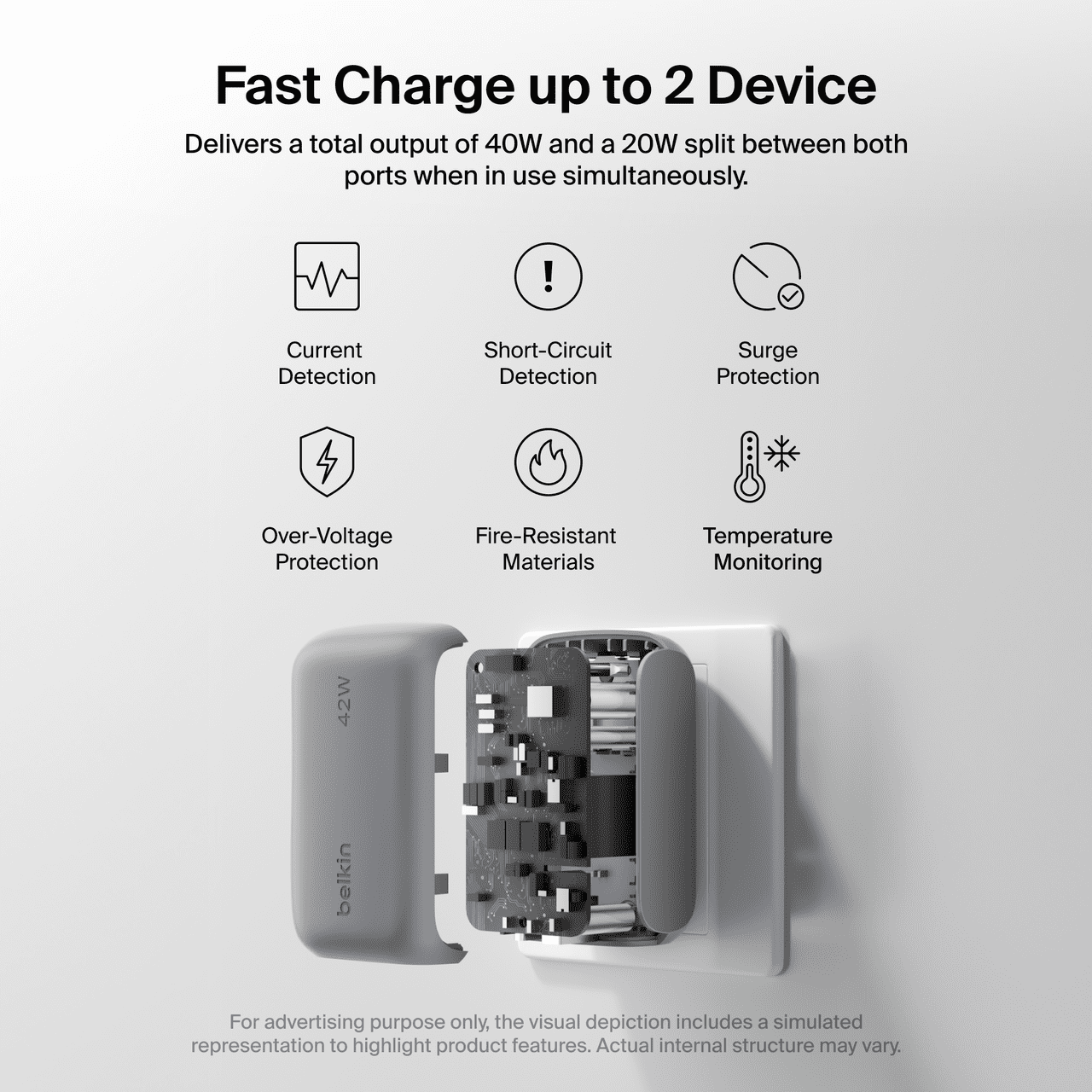 Belkin BoostCharge 42W Dual Port Wall Charger, USB-C and USB-A, USB PD with PPS, Includes 5 ft USB-C to Lightning Cable, Silver