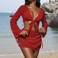 thumbnail image 2 of FRSASU Women's 4 Piece Swimsuit Fishnet Triangle Halter String Bikini Set with Cover up Top Skirt Split Swimsuit Set Red, 2 of 3