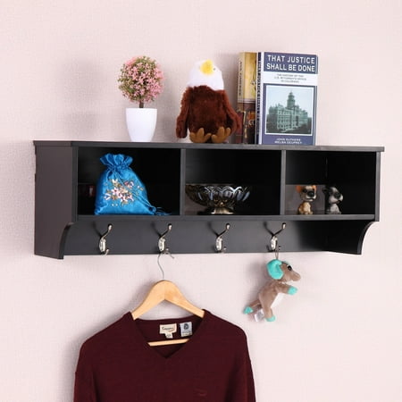 Pivoting Wall Mount Rack - Jaxpety Wall Mount Coat Rack Storage Shelf Cubby Organizer Hooks Entryway Hallway, Black