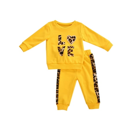 

Fiomva Toddler Baby Girl Leopard Letter Heart Print Sweatshirt Pants Set Sweatsuit Outfit