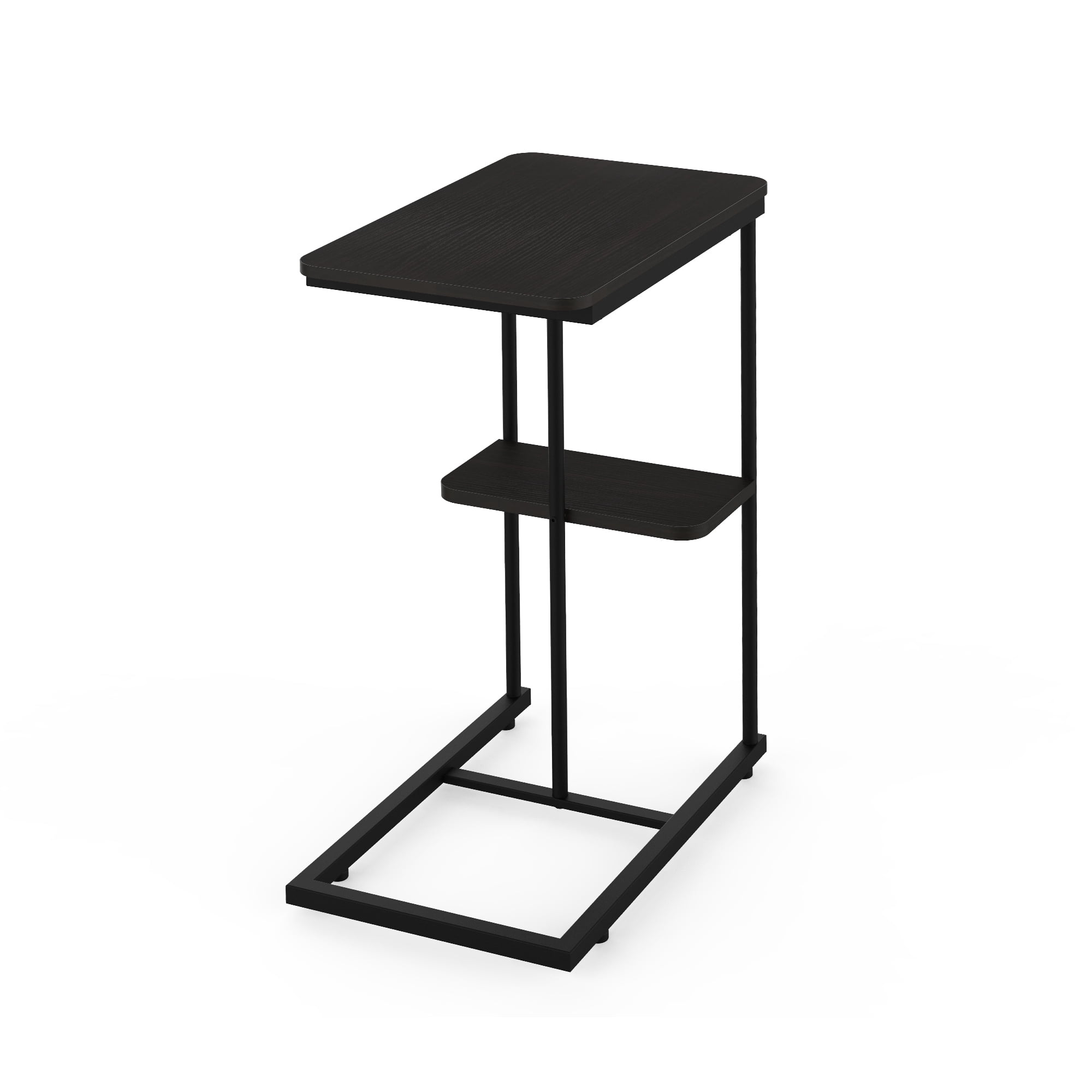 Side Table with C-Shaped Design and Storage Basket, Portable Metal End Table and Laptop Holder for Sofa Bed Couch Living Room, Black Brown