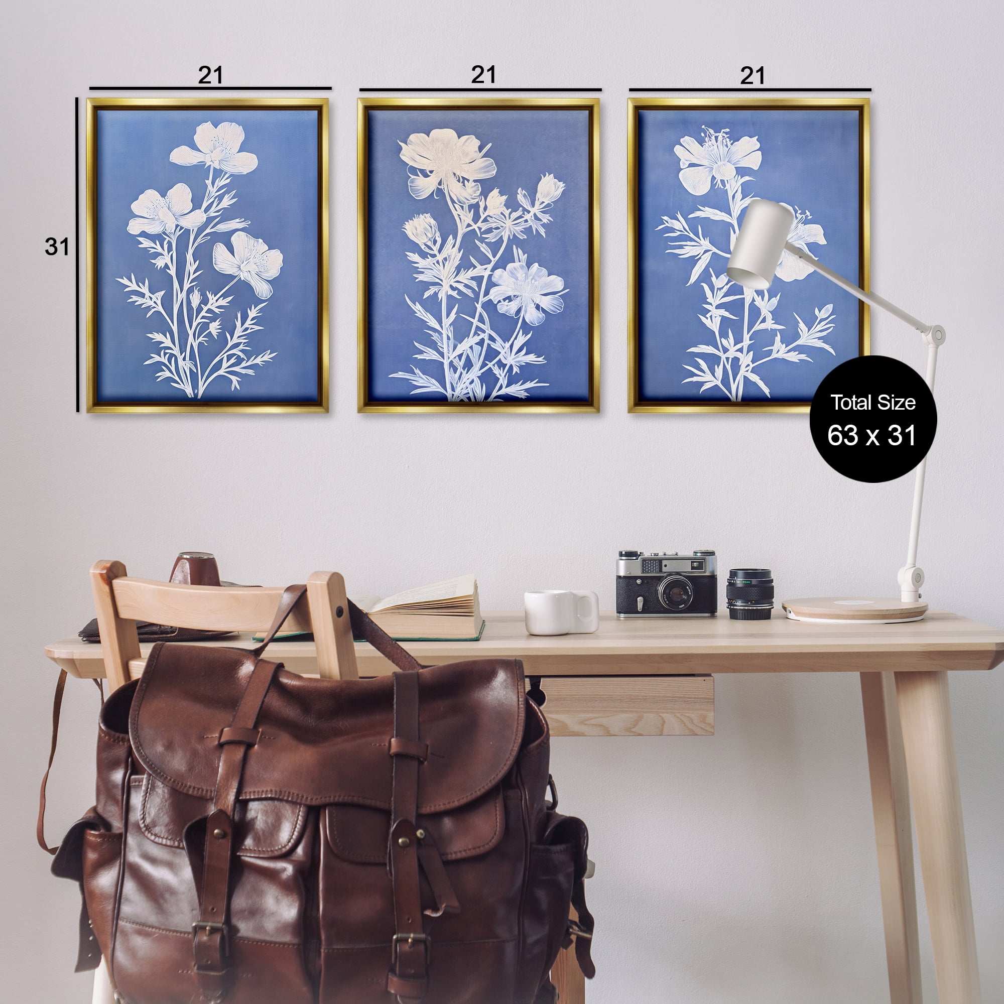 Stupell Industries Varied Cerulean Botanicals Plants & Flowers Painting Gold Floater Framed Canvas Art Print Wall Art, 21 x 31, Set of 3