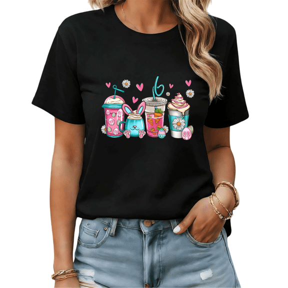 Black Cute Happy Easter Coffee Bunny Drink Print T-Shirt Graphic Tees Shirts Easter Lover Casual S-5XL Tops