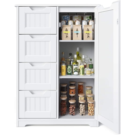 Gizoon Small Pantry with Door and Shelves, 33'' Kitchen Pantry Storage Cabinet Freestanding Wooden Bathroom Storage Cabinet with 4 Drawers for Kitchen and Dining Room, White