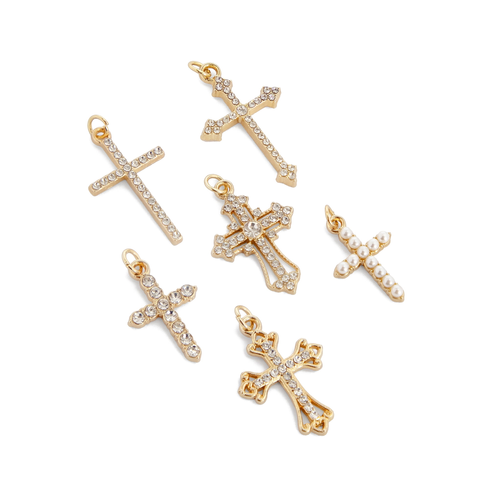 CousinDIY Charm Rhinestone Crosses, 6 Pieces, Silver Tone Religious Jewelry Making Charms
