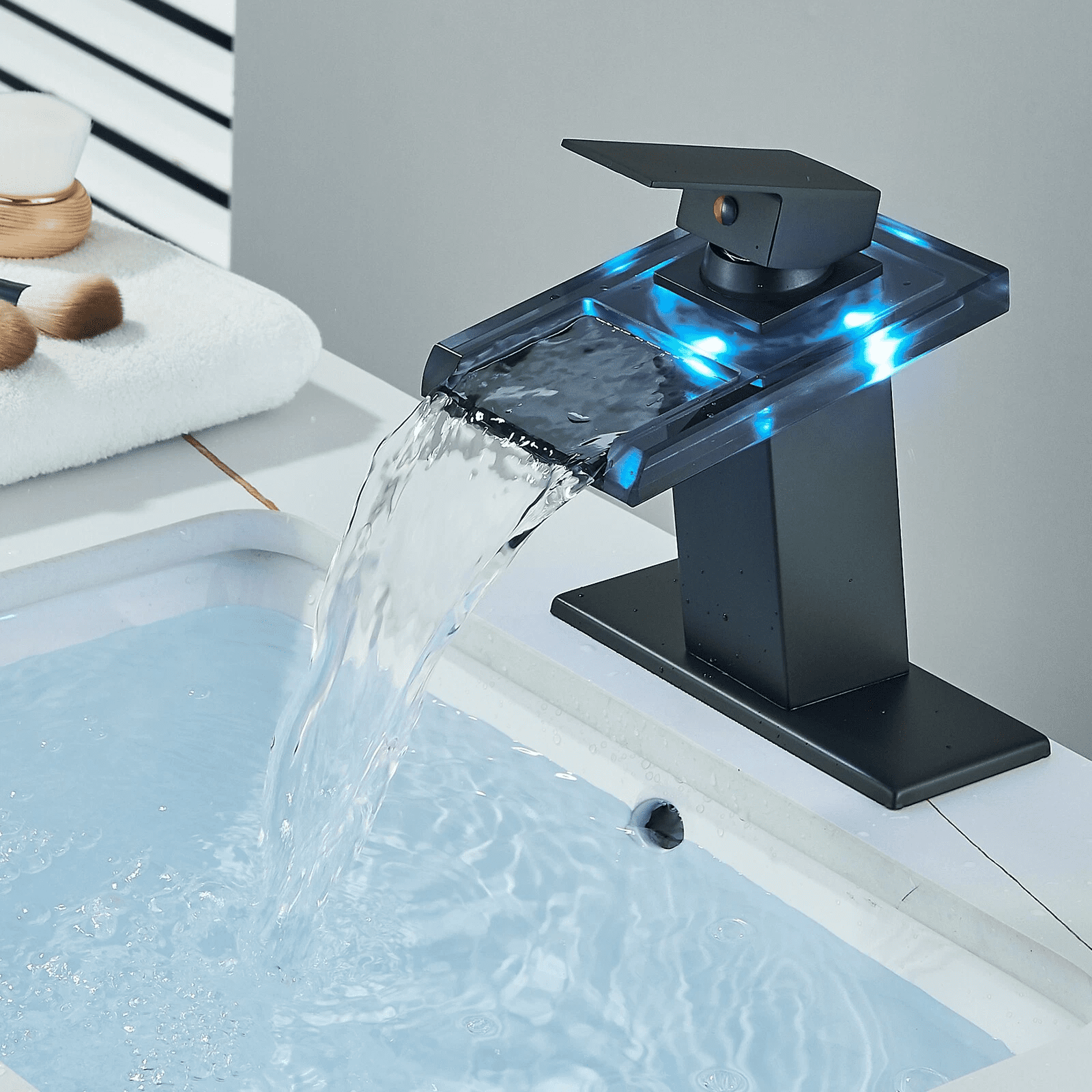 Zovajonia LED Bathroom Sink Faucet, Matte Black Waterfall Single-Handle Vanity Faucets for Sinks 1 Hole with  2 Water Supply Lines Open Glass Spout