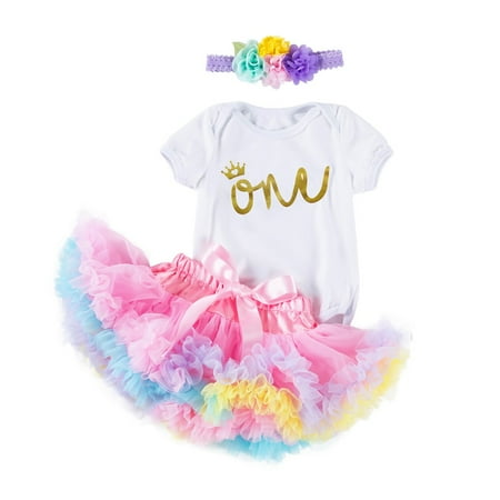 

AIMAOMI 3PC Toddler BabyGirls Birthday Printing Short Sleeve Romper Dot Gauze Skirt Suit H