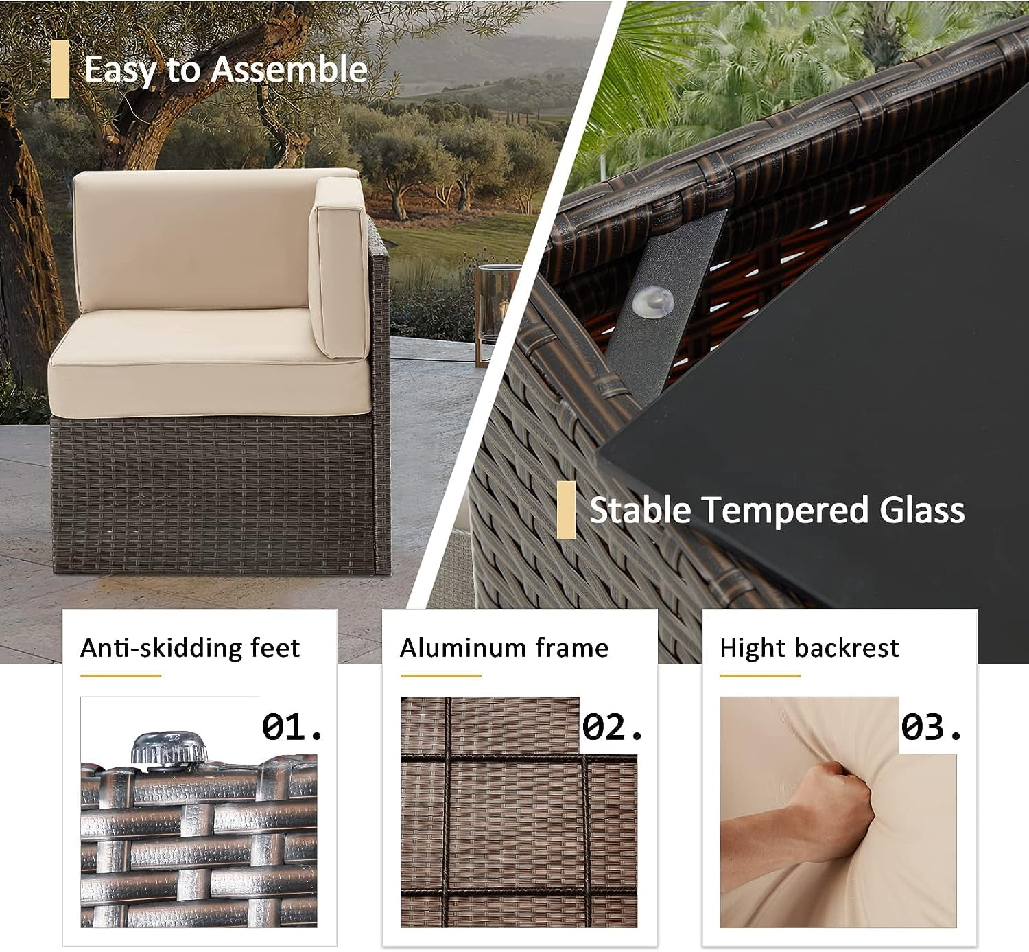 YODOLLA 7 Pc Patio Furniture Set in Beige Cushion& Black PE Rattan Outdoor Sectional Sofa Couch Patio Conversation Set with Table