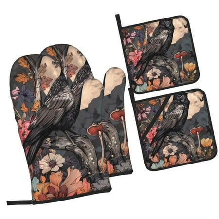 

Tebeau Moonlit Crow Blossoms Print 4 Pcs Oven Mitts and Pot Holders 500°F High Heat Resistant Kitchen Oven Mitts with Pot holders Long Oven Mitts for Baking and Cooking