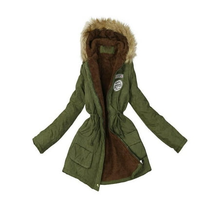 OkrayDirect Women Warm Long Coat Fur Collar Hooded Jacket Winter Parka Outwear
