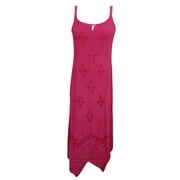 Mogul Womens Sundress Pink Embroidered Zig Zag Hemline Strappy Bohemian Long Dress