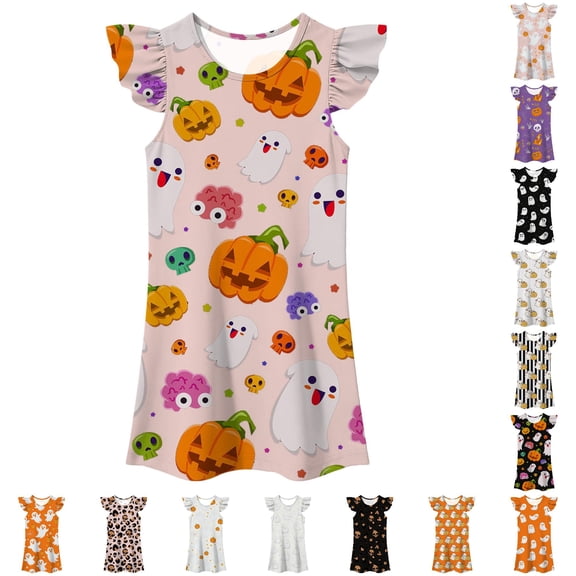 WhouRiu Girls Halloween Graphic Dresses Sleeveless Flutter Sleeve Crew Neck Dress Kids Comfortable Cute Party Nightgown,6-7 Years