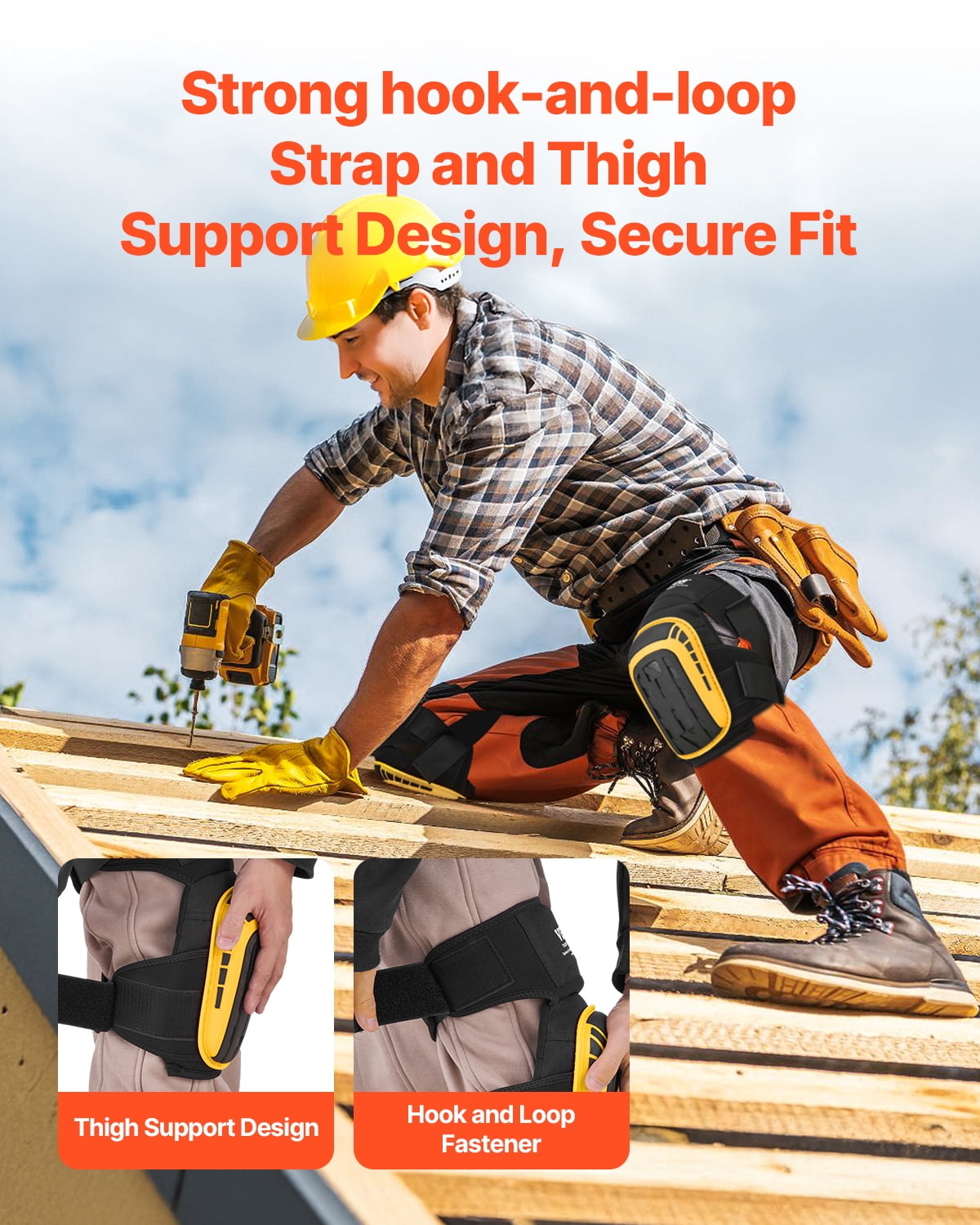 VEVOR Knee Pads for Work, Extended Heavy Duty Construction Knee Pads with 2 Extension Straps,Anti-slip Foam Gel Knee Pads, Men & Women, for Gardening Flooring Roofing and Cleaning,Yellow and Black