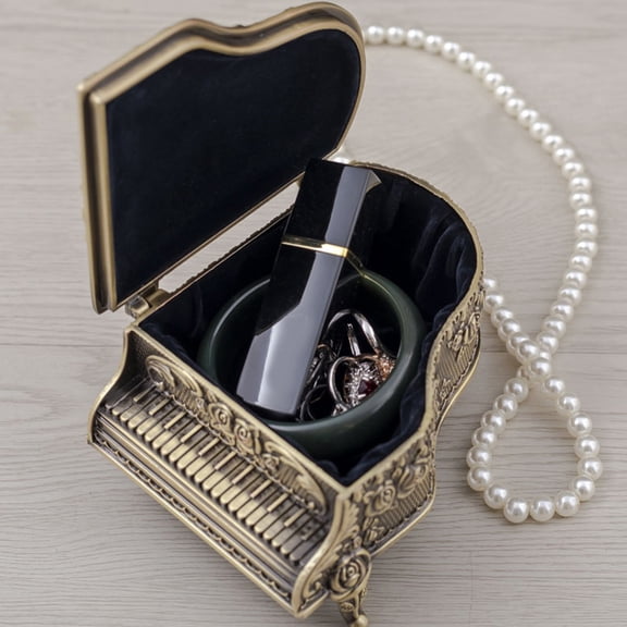 LOLIPPYY Vintage Style Golden Metal Jewelry Storage Box with Piano and Rose Design for Desk Display and Organization