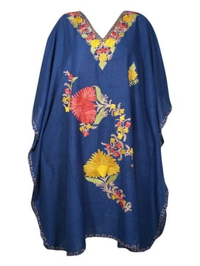 Mogul Women Navy Blue Embellished Floral Short Caftan Lounger Cover Up BOHO CHIC Tunic Dress One Size