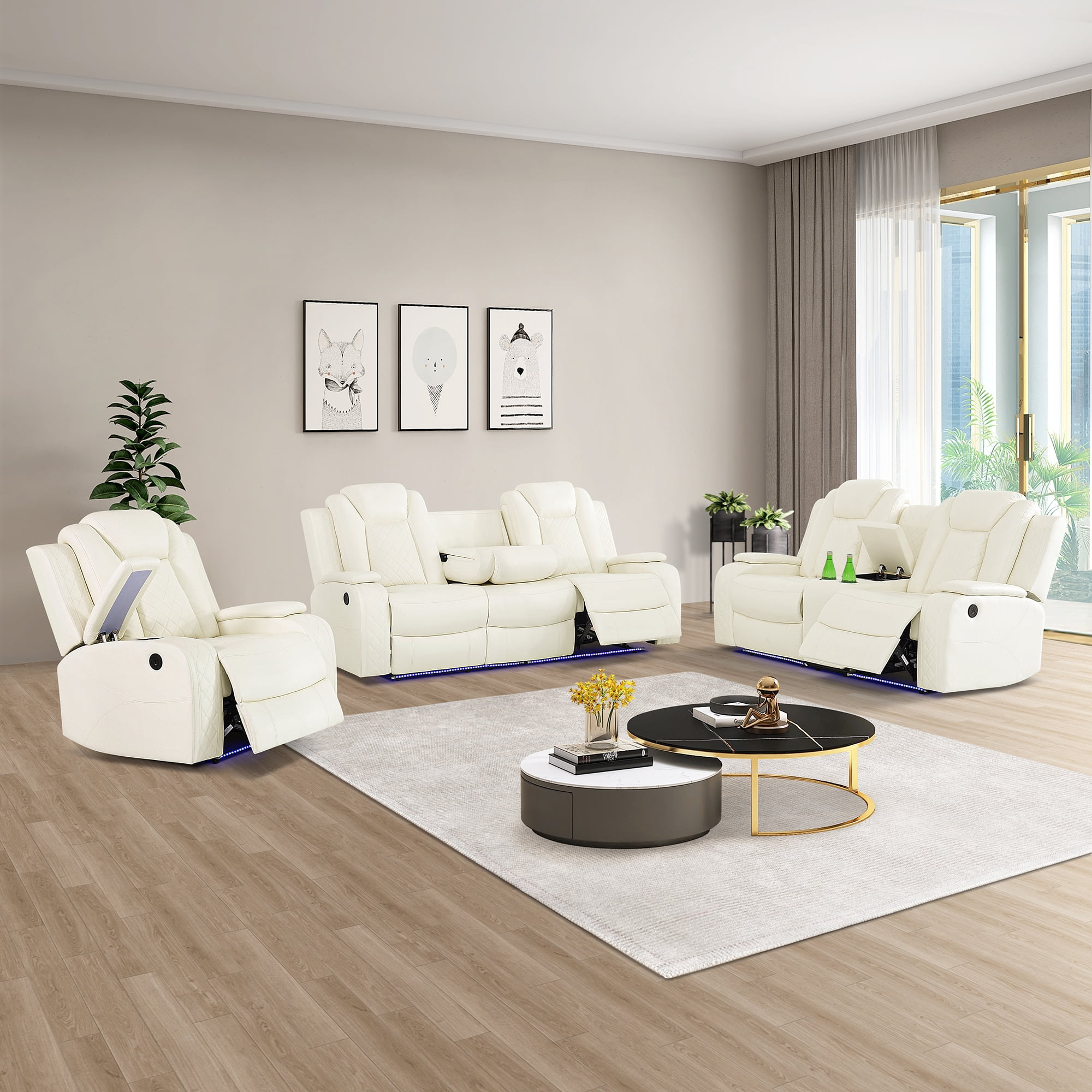 Gewnee 3-Seat Power Adjustable Sofa with 2 Recliners, Console & Cup Holders, Air Leather, Adjustable Recline, Ideal for Living Room,Beige
